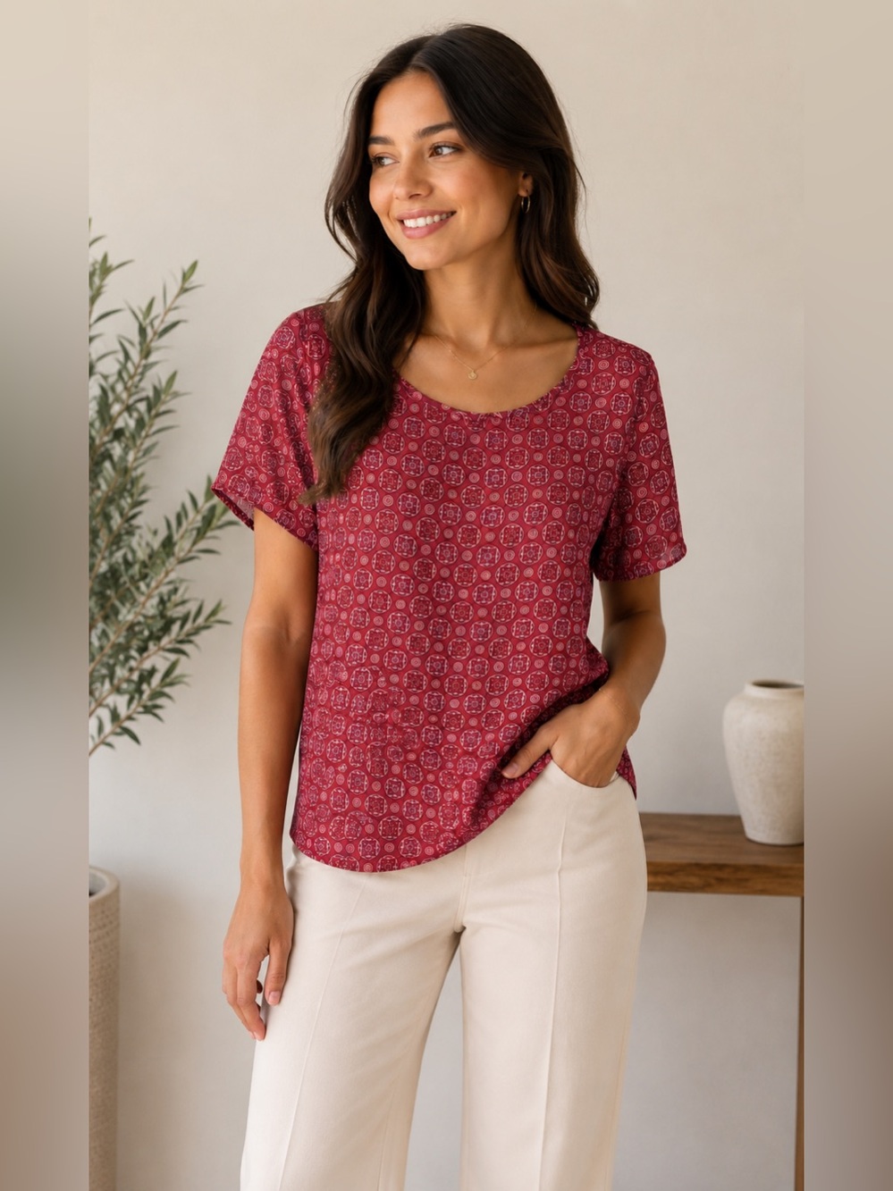 Premise Burgundy Short Sleeve Scoop Neck Tile-Print Top